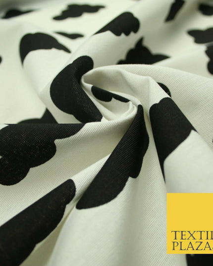 White with Black Dreamy Floating Clouds Printed Cotton Canvas Fabric 56" 4763