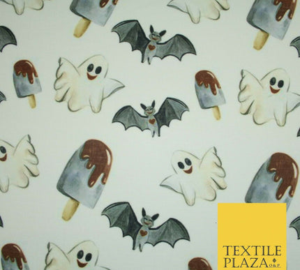 White Halloween Happy Bats Ghosts Ice Lolly Stretch Fine Jersey Fabric 60" 4779