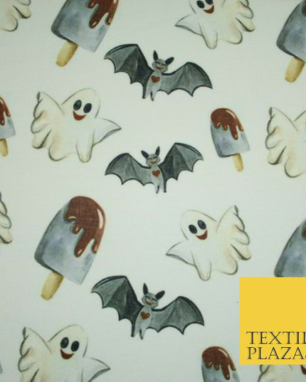 White Halloween Happy Bats Ghosts Ice Lolly Stretch Fine Jersey Fabric 60" 4779