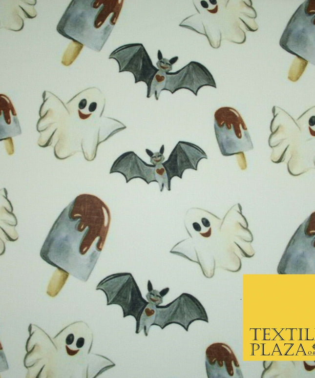 White Halloween Happy Bats Ghosts Ice Lolly Stretch Fine Jersey Fabric 60" 4779