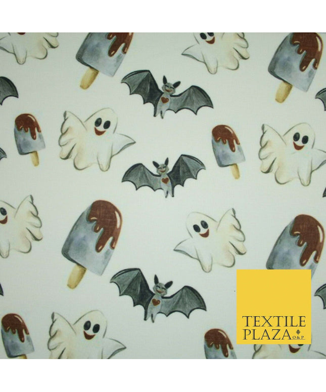 White Halloween Happy Bats Ghosts Ice Lolly Stretch Fine Jersey Fabric 60" 4779