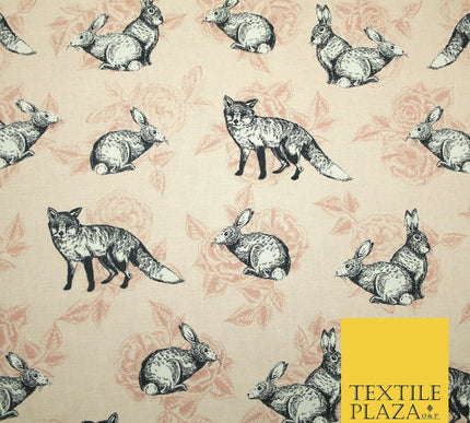 Light Pink Vintage Rabbit & Fox Rose Printed 100% Cotton Canvas Fabric 56" 4768
