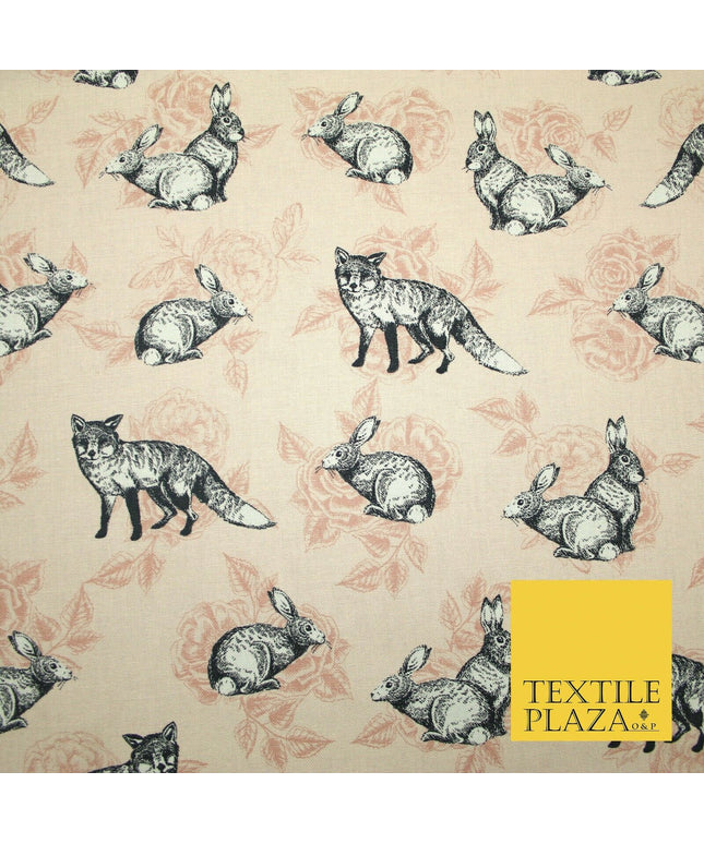 Light Pink Vintage Rabbit & Fox Rose Printed 100% Cotton Canvas Fabric 56" 4768