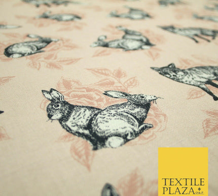 Light Pink Vintage Rabbit & Fox Rose Printed 100% Cotton Canvas Fabric 56" 4768