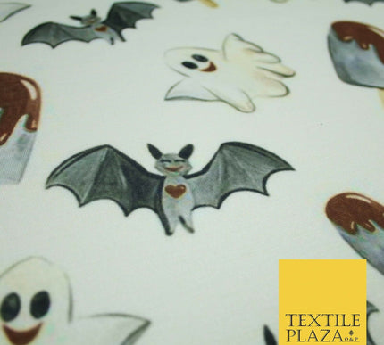 White Halloween Happy Bats Ghosts Ice Lolly Stretch Fine Jersey Fabric 60" 4779