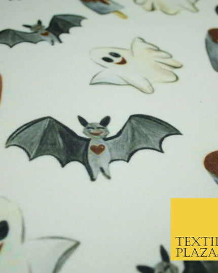 White Halloween Happy Bats Ghosts Ice Lolly Stretch Fine Jersey Fabric 60" 4779