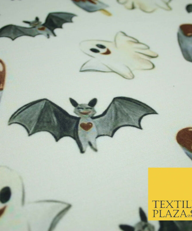 White Halloween Happy Bats Ghosts Ice Lolly Stretch Fine Jersey Fabric 60" 4779