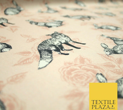 Light Pink Vintage Rabbit & Fox Rose Printed 100% Cotton Canvas Fabric 56" 4768