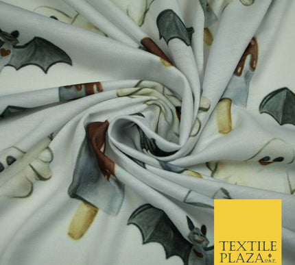 White Halloween Happy Bats Ghosts Ice Lolly Stretch Fine Jersey Fabric 60" 4779
