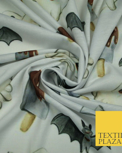 White Halloween Happy Bats Ghosts Ice Lolly Stretch Fine Jersey Fabric 60" 4779