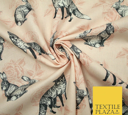 Light Pink Vintage Rabbit & Fox Rose Printed 100% Cotton Canvas Fabric 56" 4768