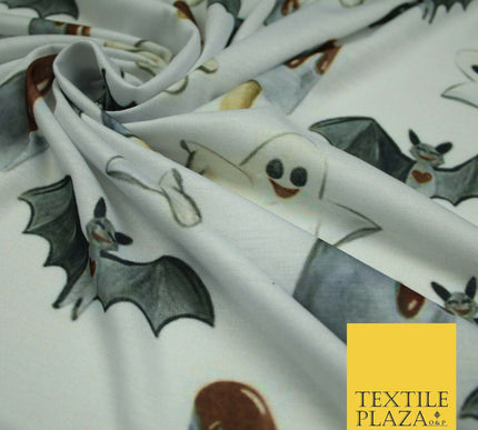 White Halloween Happy Bats Ghosts Ice Lolly Stretch Fine Jersey Fabric 60" 4779