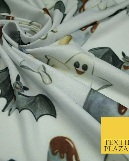 White Halloween Happy Bats Ghosts Ice Lolly Stretch Fine Jersey Fabric 60" 4779