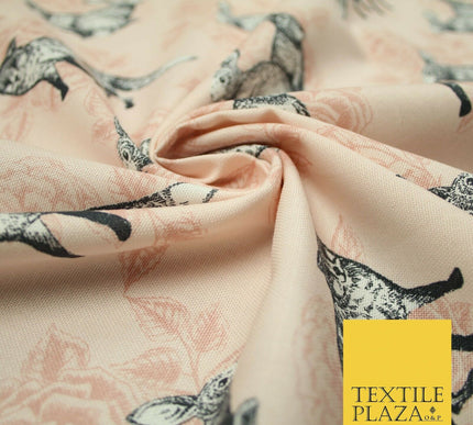 Light Pink Vintage Rabbit & Fox Rose Printed 100% Cotton Canvas Fabric 56" 4768
