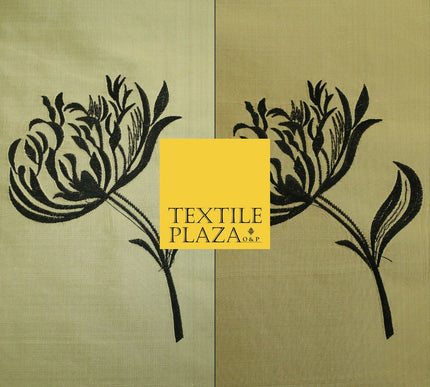 Luxury Gold Large Black Flowers Embroidered 100% PURE SILK Fabric 53" 2 SHADES