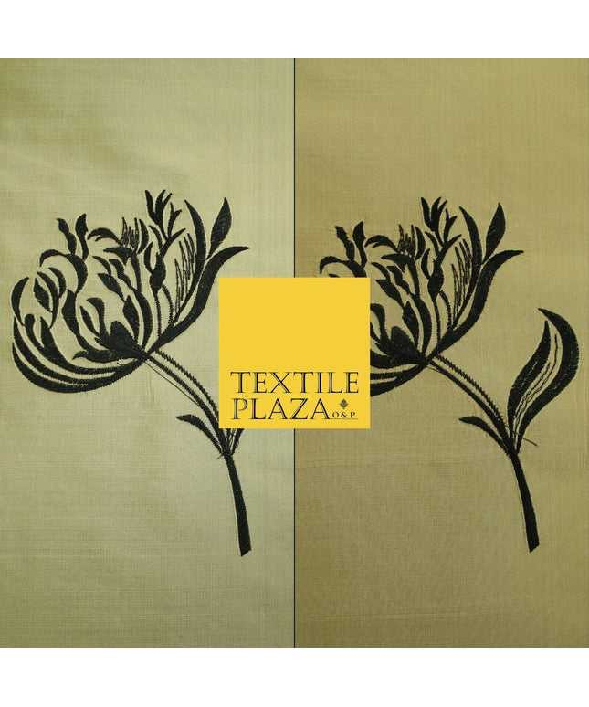 Luxury Gold Large Black Flowers Embroidered 100% PURE SILK Fabric 53" 2 SHADES