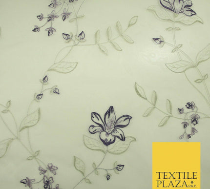 Luxury Ivory Lilac Purple Floral Embroidered 100% SILK ORGANZA Fabric 53" 4630