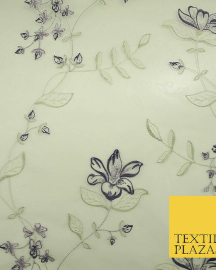 Luxury Ivory Lilac Purple Floral Embroidered 100% SILK ORGANZA Fabric 53" 4630