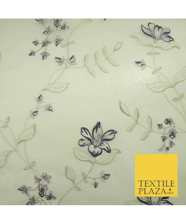 Luxury Ivory Lilac Purple Floral Embroidered 100% SILK ORGANZA Fabric 53" 4630