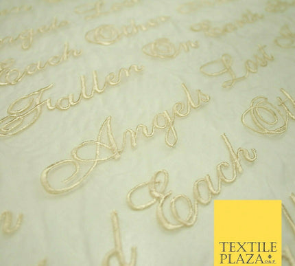 Luxury Ivory Gold Angel Script Embroidered 100% SILK ORGANZA Fabric 45" 4629