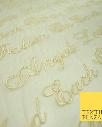 Luxury Ivory Gold Angel Script Embroidered 100% SILK ORGANZA Fabric 45" 4629