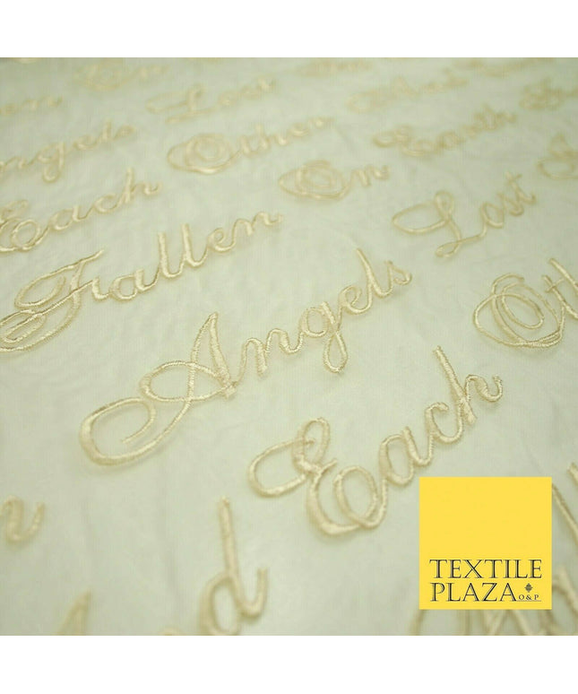 Luxury Ivory Gold Angel Script Embroidered 100% SILK ORGANZA Fabric 45" 4629