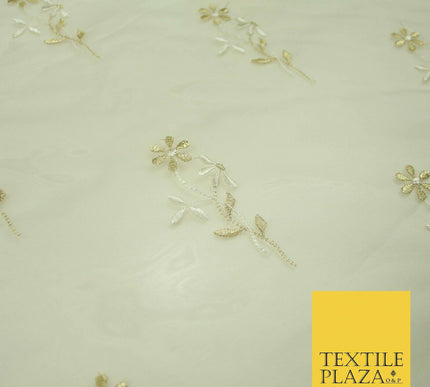 Luxury Ivory Floating Stem Flowers Embroidered 100% SILK ORGANZA Fabric 45" 4633