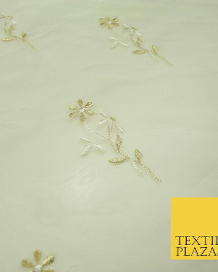 Luxury Ivory Floating Stem Flowers Embroidered 100% SILK ORGANZA Fabric 45" 4633