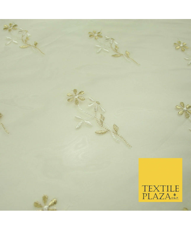Luxury Ivory Floating Stem Flowers Embroidered 100% SILK ORGANZA Fabric 45" 4633