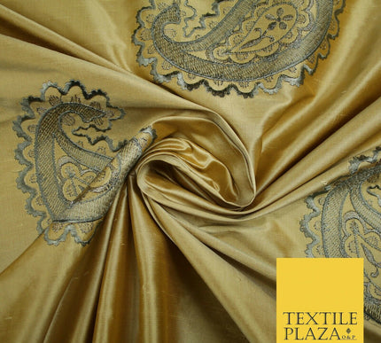Luxury Gold Large Grey Ornate Paisley Embroidered 100% PURE SILK Fabric 53" 4641