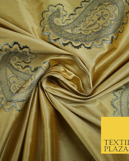 Luxury Gold Large Grey Ornate Paisley Embroidered 100% PURE SILK Fabric 53" 4641