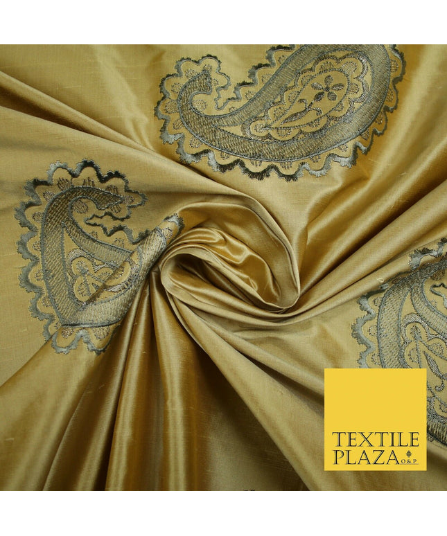 Luxury Gold Large Grey Ornate Paisley Embroidered 100% PURE SILK Fabric 53" 4641