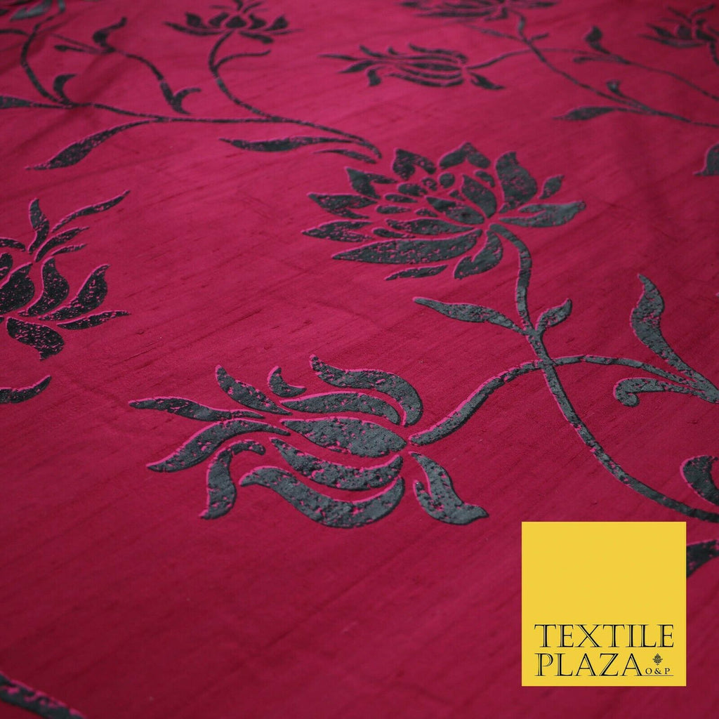 Luxury Cerise Pink Lotus Floral Printed 100% PURE SILK Dupion Fabric 53" 4617