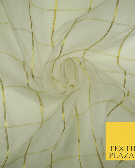 Luxury White Metallic Gold Square Check 100% SILK ORGANZA Fabric Sheer 48" 4626