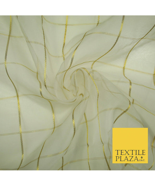 Luxury White Metallic Gold Square Check 100% SILK ORGANZA Fabric Sheer 48" 4626