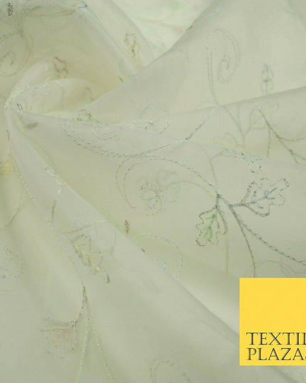 Luxury Ivory Floral Pastel Thread Embroidered 100% SILK ORGANZA Fabric 45" 4632