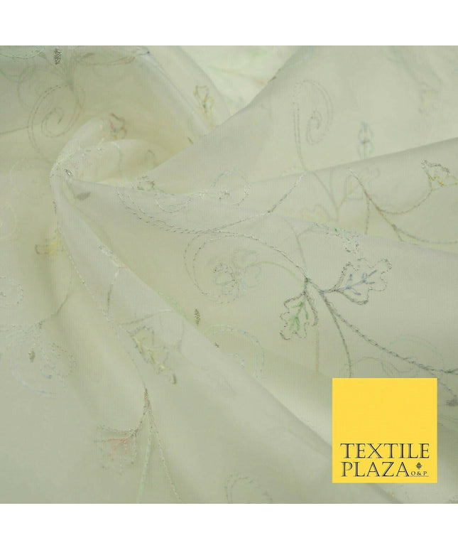 Luxury Ivory Floral Pastel Thread Embroidered 100% SILK ORGANZA Fabric 45" 4632