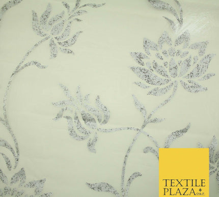 Luxury White Metallic Silver Floral Lotus 100% SILK ORGANZA Fabric Sheer 53"4623