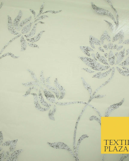Luxury White Metallic Silver Floral Lotus 100% SILK ORGANZA Fabric Sheer 53"4623