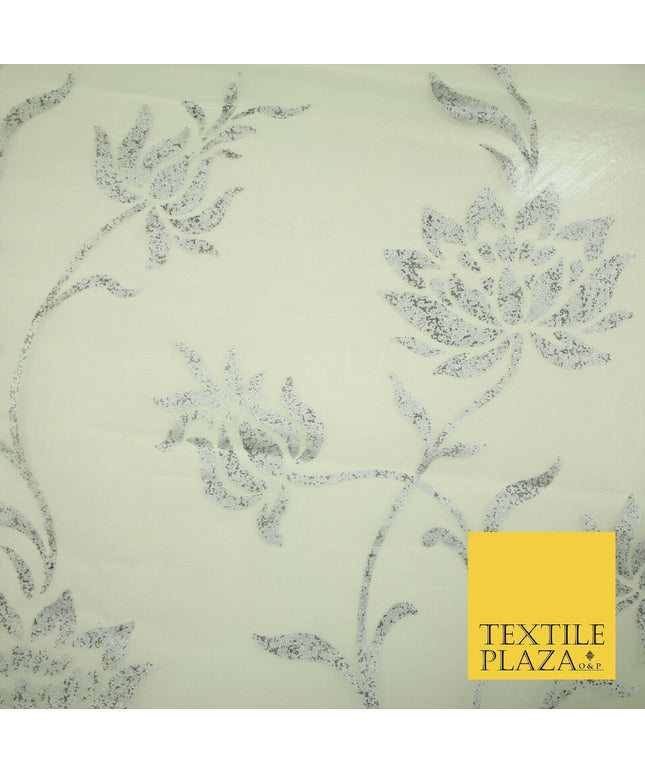 Luxury White Metallic Silver Floral Lotus 100% SILK ORGANZA Fabric Sheer 53"4623
