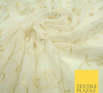 Luxury Ivory Light Gold Floral Stem Embroidered 100% SILK CHIFFON Fabric 45"4635