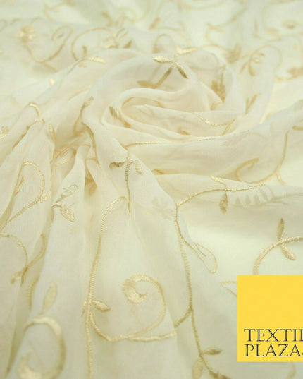 Luxury Ivory Light Gold Floral Stem Embroidered 100% SILK CHIFFON Fabric 45"4635