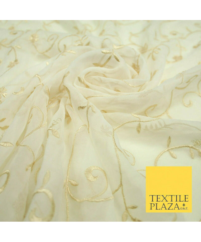 Luxury Ivory Light Gold Floral Stem Embroidered 100% SILK CHIFFON Fabric 45"4635
