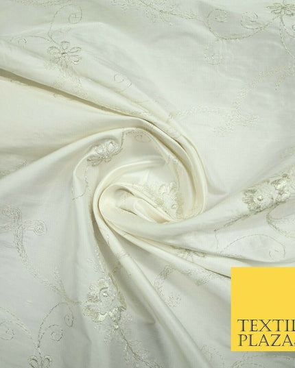 Luxury Ivory Silver Floral Embroidered 100% PURE SILK Dupion Fabric 45" 4637