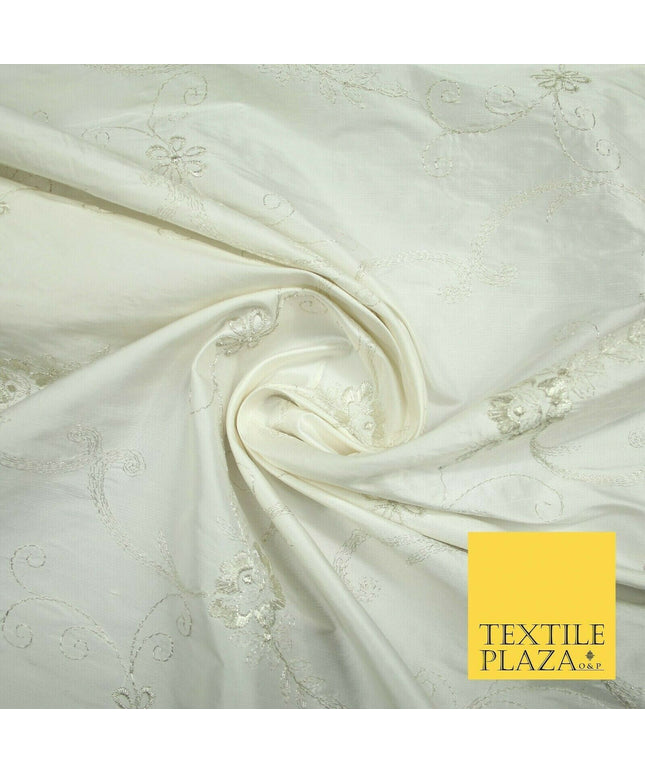 Luxury Ivory Silver Floral Embroidered 100% PURE SILK Dupion Fabric 45" 4637