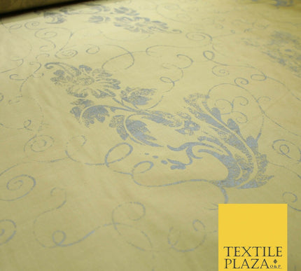 Luxury Gold Ornamental Grey Floral Printed 100% PURE SILK Dupion Fabric 53" 4618