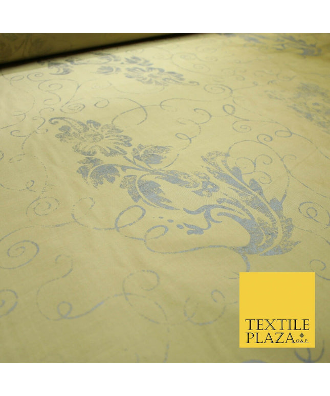 Luxury Gold Ornamental Grey Floral Printed 100% PURE SILK Dupion Fabric 53" 4618