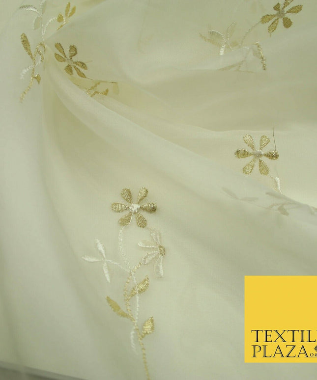 Luxury Ivory Floating Stem Flowers Embroidered 100% SILK ORGANZA Fabric 45" 4633