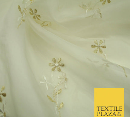 Luxury Ivory Floating Stem Flowers Embroidered 100% SILK ORGANZA Fabric 45" 4633