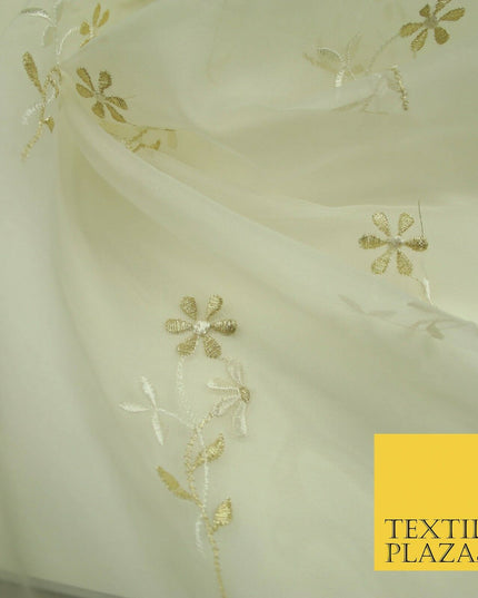 Luxury Ivory Floating Stem Flowers Embroidered 100% SILK ORGANZA Fabric 45" 4633